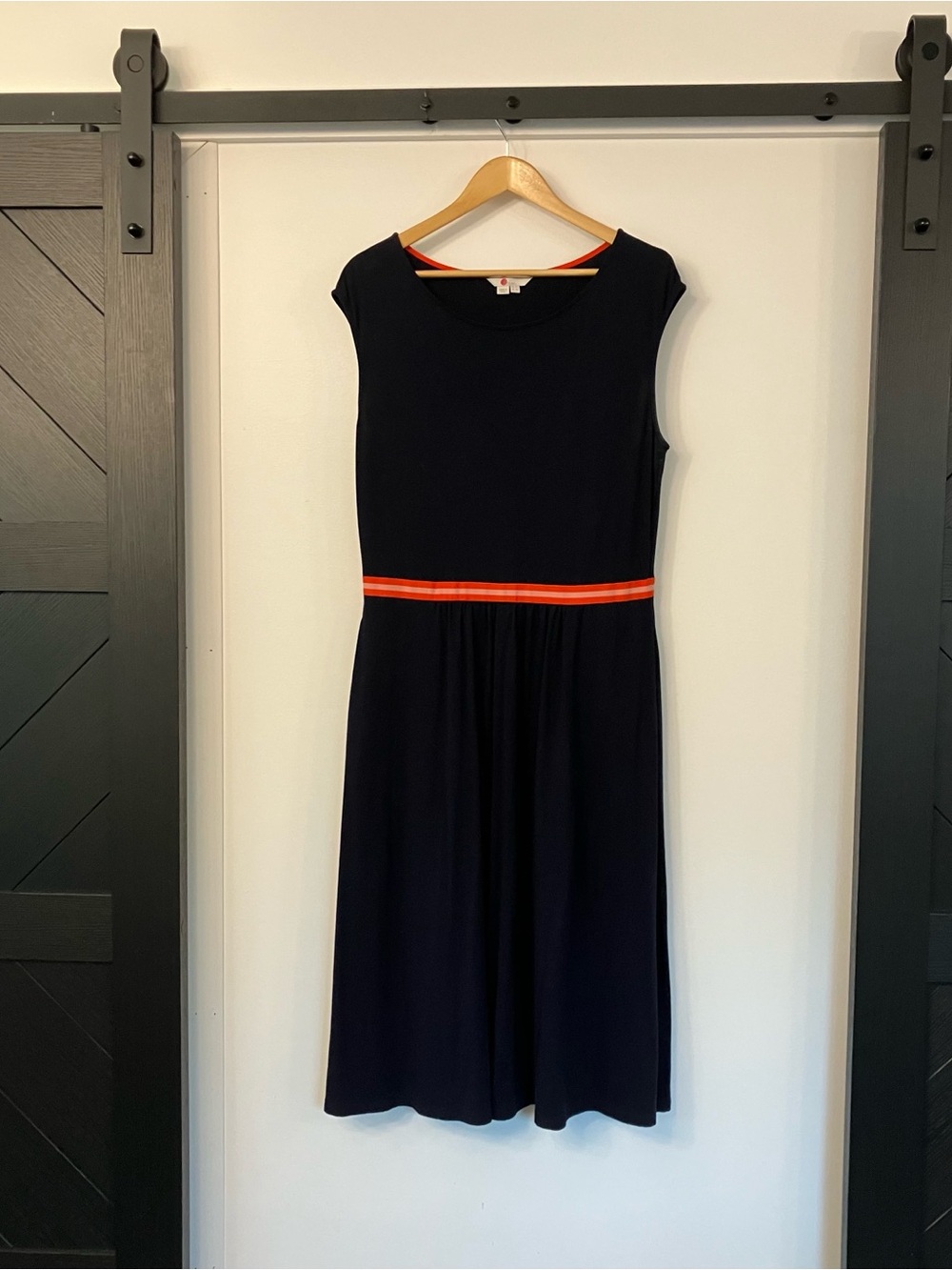 Boden Navy Midi Dress with Bright Orange Waist Trim